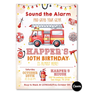Fire Truck Birthday Invitation, Firefighter Birthday Party Invite, Sound the Alarm Birthday, Fireman Birthday, Editable Canva Template