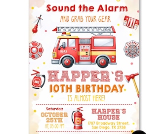 Fire Truck Birthday Invitation, Firefighter Birthday Party Invite, Sound the Alarm Birthday, Fireman Birthday, Editable Canva Template