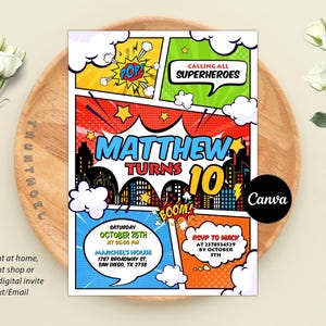 Convite de aniversário de super-herói editável, convite de aniversário de história em quadrinhos, convite para festa de super-herói, tema de história em quadrinhos de super-herói, download digital