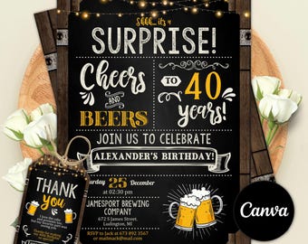 Invitación para fiesta sorpresa de cumpleaños "Salud y cervezas", "Salud y cervezas" para 30, 40 y 50 años, invitación imprimible para cumpleaños de adultos.