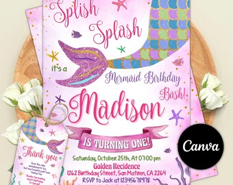 Faire-part d'anniversaire queue de sirène, sirène Bash sous l'invitation d'anniversaire de la mer, invitations de fête de sirène, fête d'anniversaire lunatique modifiable