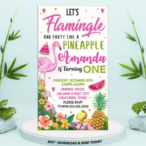 May include: A pink flamingo with a watermelon in its beak, surrounded by tropical flowers and fruit. The text "Let's Flamingle and party like a Pineapple Amanda is turning One" is at the top of the invitation. The invitation also includes the date, time, and location of the party.