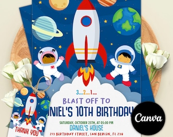 Plantilla de invitación de cumpleaños del espacio exterior, invitación de astronauta, cohete espacial, invitación de despegue galáctico, plantilla editable de Canva