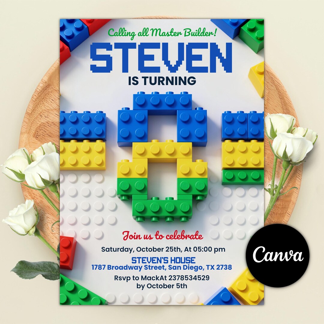 Building Blocks Birthday Invitation, Master Builder 8th Birthday Invite ...