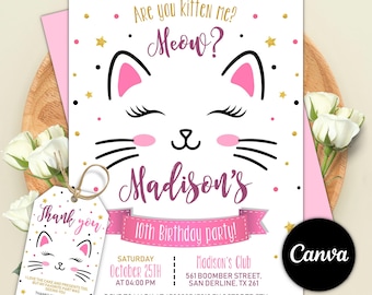 Cat Birthday Invitation, Kitty Birthday Invitation, Kitty Cat Birthday Invite, Kitten Party Invite, Editable in Canva