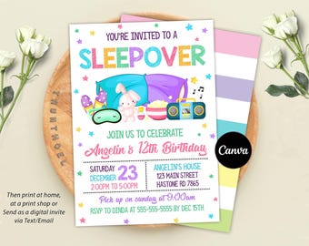 Invitación de cumpleaños para pijamadas, invitación para fiesta de pijamas, invitación para pijamadas, plantilla editable de Canva