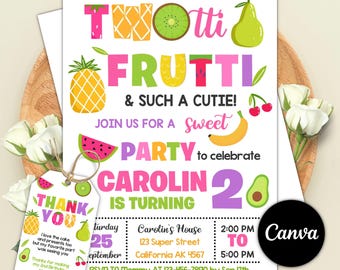 Twotti Frutti Birthday Invitation, Fruity Girl Birthday Card (Digital, Canva)