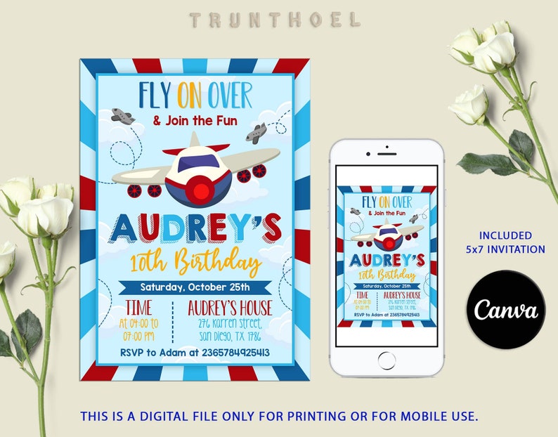 Invitation Template,Airplane Birthday,Airplane Invitation,Airplane Invite,Boy 1st Birthday,1st Birthday Invite,Airplane Party,First Birthday,Gifts for Boys,Birthday Gifts,Gifts for Friends,Airplane Decoration,Time Flies Invite