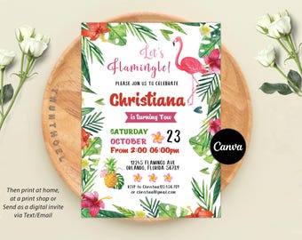 Editable Let’s Flamingle Birthday Invitation, Tropical Party Invitation, Summer Birthday Invitation, Pink Flamingo Pool Party, Digital Canva
