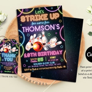 Editable Bowling Birthday Invitation, Glow Bowling Invitation, Bowling Invitation, Glow Invitation, Strike Up Some Fun