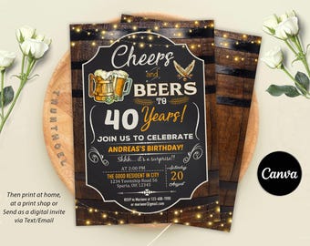 Invitación de cumpleaños "Salud y cervezas", "Salud y cervezas" para 30, 40 y 50 años, invitación de cumpleaños para adultos imprimible, Canva digital