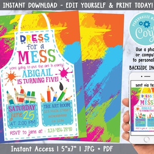 Painting Party Invitation, Art Party Invitation, Art Birthday Party Invitation, Dress for a Mess, Art Themed, Editable with Corjl