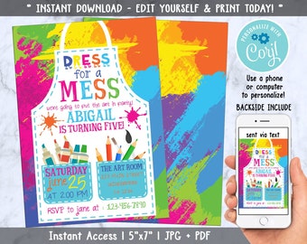 Painting Party Invitation, Art Party Invitation, Art Birthday Party Invitation, Dress for a Mess, Art Themed, Editable with Corjl