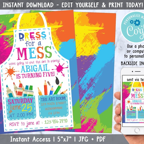 Painting Party Invitation, Art Party Invitation, Art Birthday Party Invitation, Dress for a Mess, Art Themed, Editable with Corjl