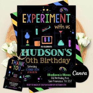 Science Birthday Invitation, Experiment Laboratory, Editable Canva Template (Digital Download)