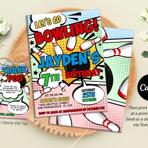 Invito alla festa di compleanno di bowling, invito alla festa di bowling, invito al bowling luminoso, modificabile in Canva