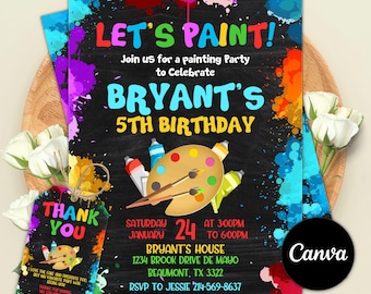 Painting Birthday Invitation, Colorful Art Party, Canva Template (Digital Download)