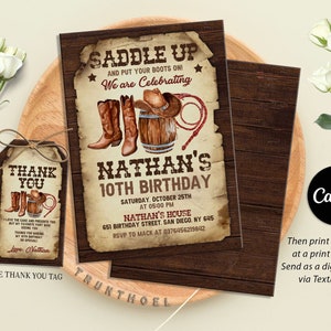 Invito poster ricercato modificabile, invito festa di compleanno occidentale, legno rustico, cappello da cowboy e lazo, invito country western