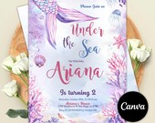 Mermaid Birthday Invitation, Under the Sea Party, Canva (Digital File)
