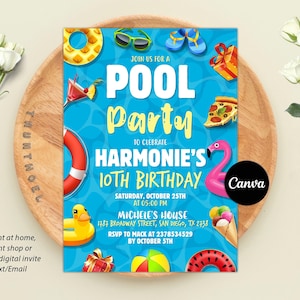 Editable Pool Birthday Invitation, Pool Party Invitation, Summer Birthday Party Invite, Boy Girl Birhday Invite, Canva Template