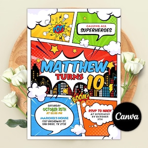 Invitación de cumpleaños de superhéroes editable, invitación de cumpleaños estilo cómic, invitación para fiesta de superhéroes, temática de cómics de superhéroes, descarga digital
