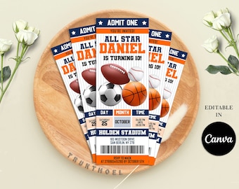 Sport Ticket Invitation, All Star Birthday Invitation, All Star Sport Ticket, Sport Party Invite, Football-Baseball-Basketball-Soccer