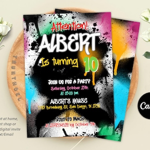 Convite de aniversário de grafite editável, convite para festa de grafite retrô, convite para festa com tinta spray, qualquer idade, convite estilo rua, modelo Canva