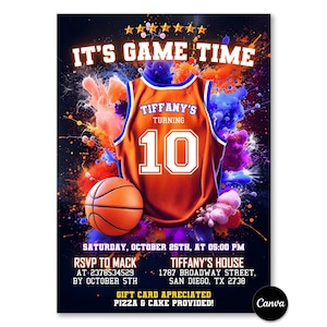 Editable Basketball Birthday Invitation, Sports Birthday Party, Jersey Invitation, neon sport theme, boy youth basketball, basketball athlete, basketball theme, paperless post, phone text message, sport party birthday, basketball player, diy canva template, teen player birthday, all star bday flyer, birthday invitation, printable invitation