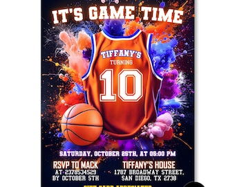 Invitación de cumpleaños de baloncesto, invitación para fiesta deportiva, invitación con diseño de camiseta, fiesta de cumpleaños infantil, cualquier edad, plantilla editable de Canva