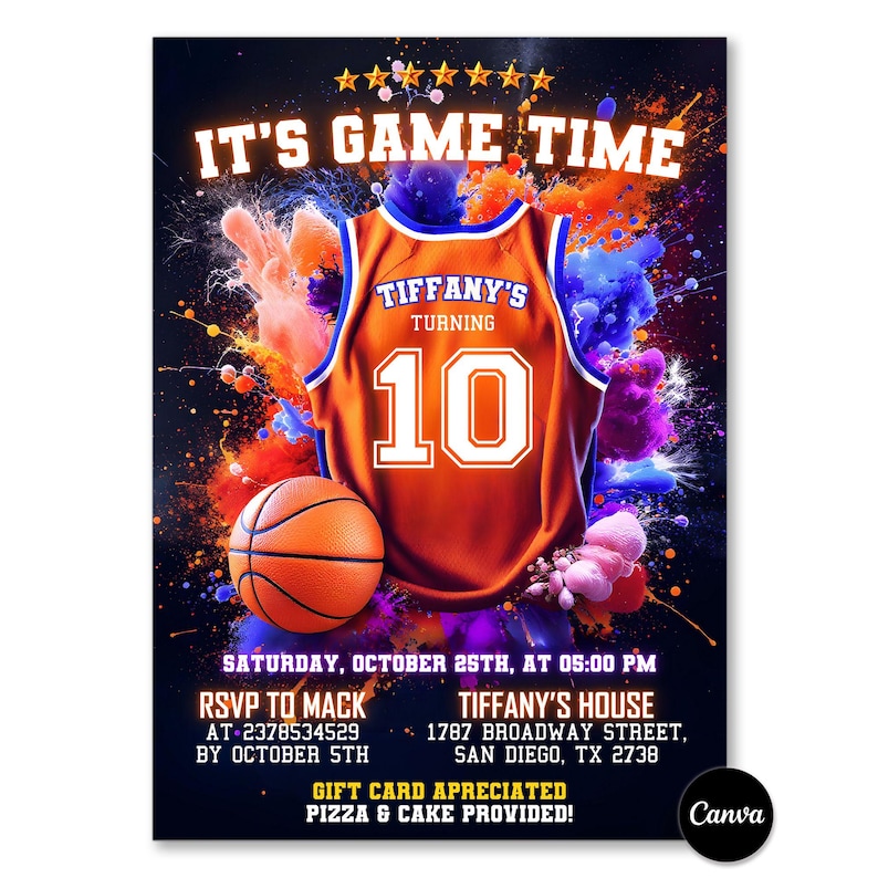 Editable Basketball Birthday Invitation, Sports Birthday Party, Jersey Invitation, neon sport theme, boy youth basketball, basketball athlete, basketball theme, paperless post, phone text message, sport party birthday, basketball player, diy canva template, teen player birthday, all star bday flyer, birthday invitation, printable invitation