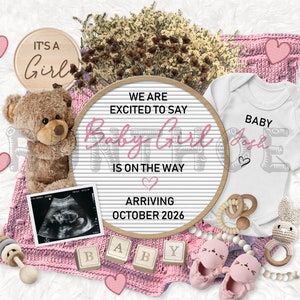 Girl Pregnancy Announcement, Digital Baby Announcement, Editable Template, Instant Download, Girl Gender Reveal For Social Media