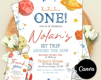 First Trip Around the Sun Birthday Party Invitation, 1st Birthday, Space Invitation, Astronaut, Galaxy Birthday Theme, Rocket Ship Party