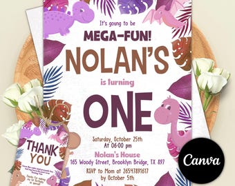 Dinosaur Birthday Invitation, Cute Dinosaur Birthday Invite, Pastel Dinosaur Party Invitation, Instant Download, Editable Canva Template