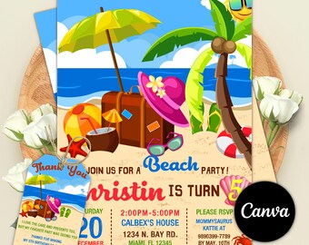 Editable Beach Birthday Invitation, Beach Party Invitation, Ocean Party Birthday Invitation, Surfer Invitation, Canva Template