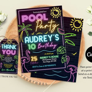 Editable Pool Party Invitation, Glow Water Park Invite, Tropical Neon Birthday, Pool Party Invitation, Swimming Party Instant Download