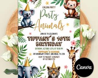 Safari Animal Birthday Invitation, Editable Canva (Digital File)