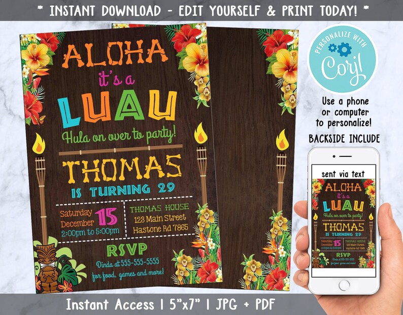 Luau Birthday Invitation Luau Party Invitation Luau Etsy