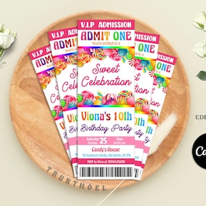Candy Land Ticket Einladung, Candyland Geburtstagseinladung, Süße Feier Ticket Einladung, Candy Party Einladung, Candy Lolipop Ticket