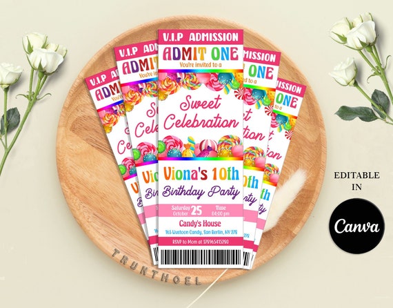Candy Land Ticket Invitation, Candyland Birthday Invitation, Sweet Celebration Ticket Invitation, Candy Party Invite, Candy Lolipop Ticket