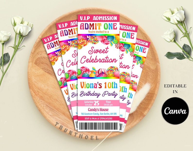 May include: A pink and white ticket invitation for a Sweet Celebration birthday party. The ticket has a colorful candy theme with a rainbow background and a striped border. The text on the ticket reads "V.I.P Admission Admit One You're invited to a Sweet Celebration Viona's 10th Birthday Party Saturday 25 October Time 04:00 pm Candy's House 165 Wustoon Candy, Son Bertin, NV 278 RSVP to Mom at 278965415280".