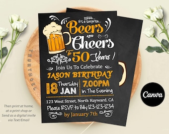 Cheers and Beers Surprise Birthday Party Invitation, Shhh It's a Surprise Beer Celebration Invite, Any Age Birthday Invitation, Editable