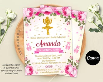May include: Pink and gold birthday invitation with floral border. The invitation says "Dance and Twirl with the birthday girl Amanda is turning one!"  The date is Thursday, January 25th, 2025 from 2:00 PM to 4:00 PM. The address is 123 Kelly Terrace, Arlingtone TX 456. RSVP to Emely at 123-123-1234 or emely@gmail.com.