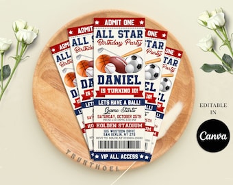 Può includere: Invito in stile biglietto rosso, bianco e blu per una festa di compleanno All Star. L'invito presenta una palla da baseball, una palla da basket, una palla da football americano e una palla da calcio. Il testo sull'invito recita "All Star Birthday Party" e "Daniel compie 10 anni!"