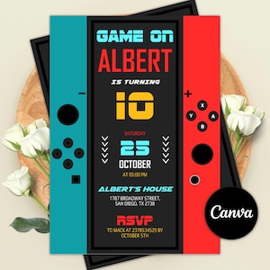 Video Game Birthday Invitation, Editable Canva Template (Digital Download)