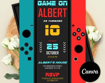 Video Game Birthday Invitation, Editable Canva Template (Digital Download)