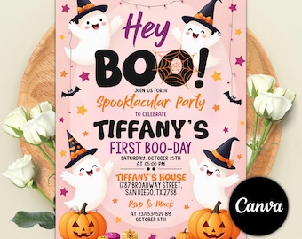 Spooky One Pink Halloween Birthday Party Invitation,EDITABLE Cute Pink Ghost 1st Birthday Spooktacular Halloween Invite, 1st Boo Day Invite