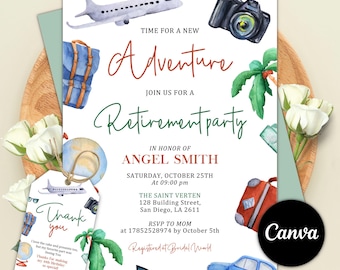 Travel Retirement Party Invitation, Adventure Theme Invitation, Suitcase Globe, Retirement Invitation, Instant Download, Editable in Canva