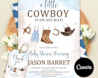 Cowboy Baby Shower Invitation, A Little Cowboy is on the Way Invite, Wild West Western, Editable Canva Template