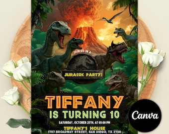 Invitación de cumpleaños de dinosaurio, invitación para fiesta de T-Rex, temática de fiesta de cumpleaños de Dino World, invitación de parque, plantilla editable de Canva