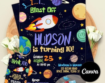 Outer Space Birthday Invitation Template, Planets Rocket Ship Astronaut Invite, Galaxy Blast Off Invitation, Editable in Canva